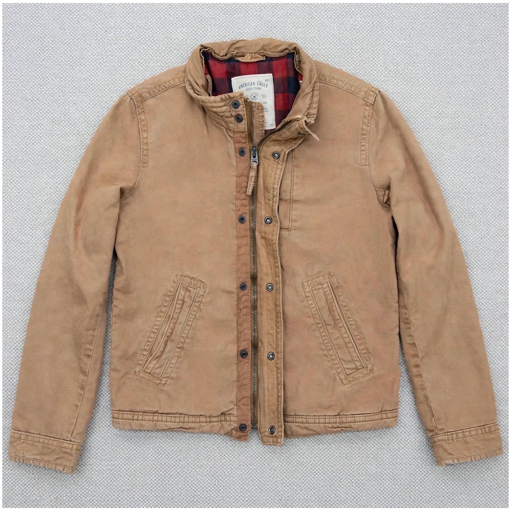 American Eagle Mens M Tan Canvas Jacket Buffalo Plaid Flannel Lined Insulated